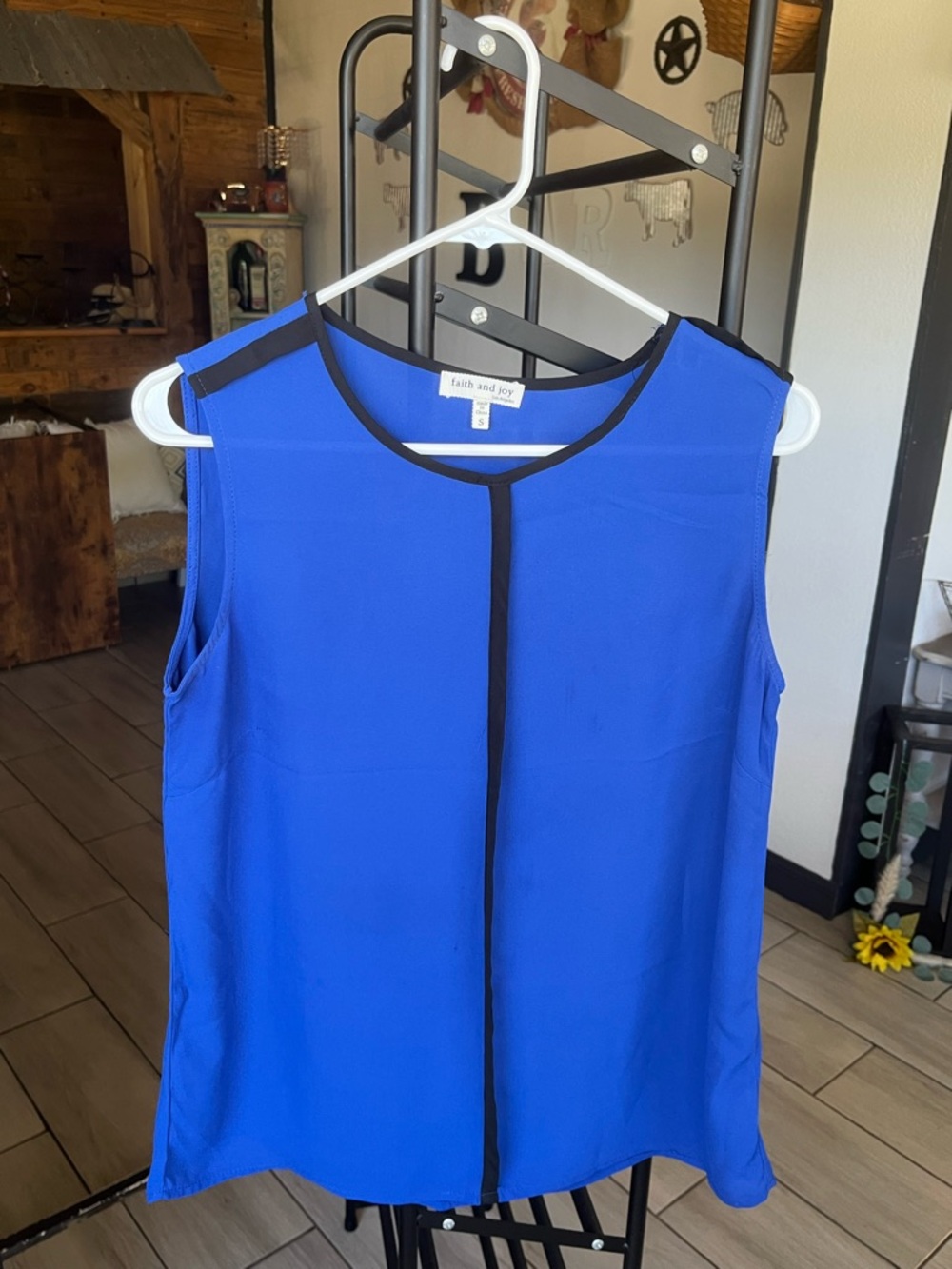 Faith and Joy Royal Blue Sleeveless Top with Black Trim
